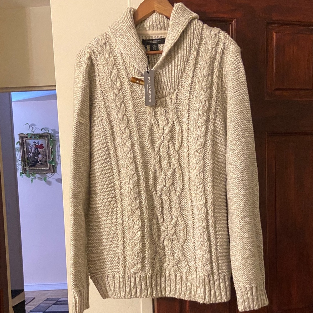 Men's Cream Cable Knit Turtleneck Sweater